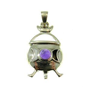 Solid 925 Sterling Silver Magickal Witch's Cauldron Pendant with Gemstone